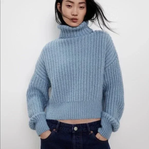 ZARA Light Blue Chunky Knit Turtleneck Sweater | Size S - Picture 1 of 11